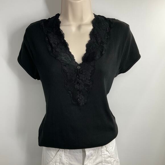 AUGUST SILK VIntage 90s Y2K  Black V-neck Lace Top Fairy Festival  whimsigoth XL - Picture 9 of 10
